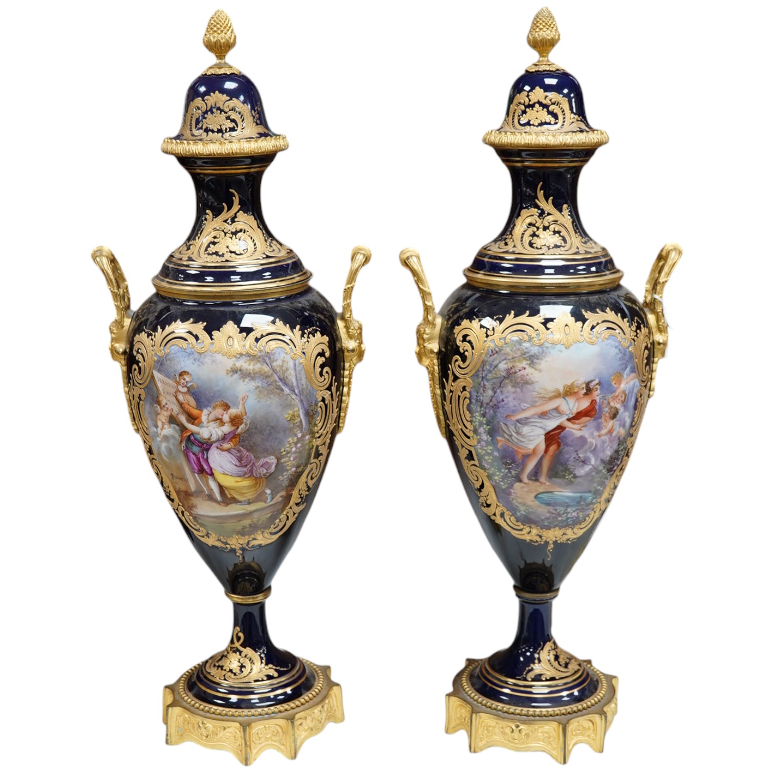 A pair of Sevres style gilt metal mounted vases, 58cm high. Condition - good